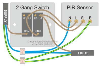 Wiring two switches and a motion sensor for lighting with permanently on override feature