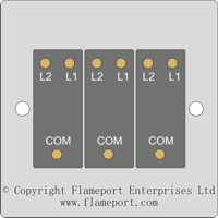 Three gang, two way switch, triangle terminal arrangement A