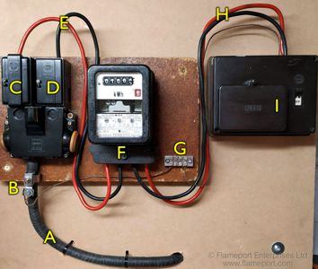 Example meter board with DNO cutout, electricity meter, fusebox and main earth terminal