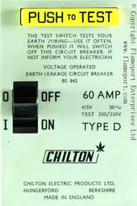 Text on the front of a Chilton earth leakage circuit breaker