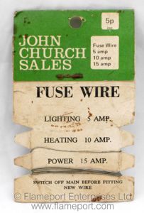 Old John Church Sales fuse wire card with three types of fusewire