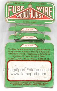 Green Woodhurst brand fusewire card with 5A, 10A and 15A wire