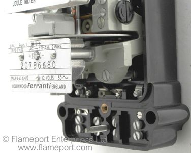 Connection terminals on a Ferranti FN12 joule meter