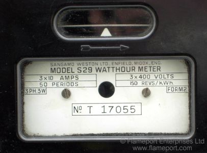 Rating plate on a Sangamo S29 meter