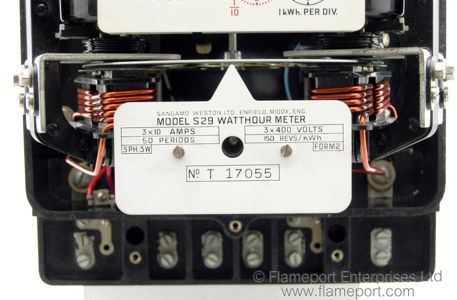 Rating plate and terminals on a Sangamo S29 meter