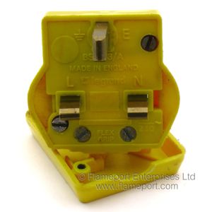 Pins and text on a yellow plastic Legrand 13A plug