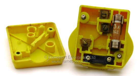 Interior of a yellow Legrand 13A mains plug