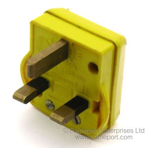 Pin view of a yellow plastic Legrand 13A BS1363 plug