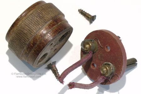 Wooden two pin plug with brass pins and cotton covered wiring