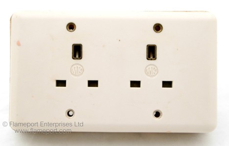 Front view of MK6727 twin unswitched socket outlet with 4 fixing points