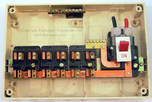 Interior of a white 6 way Wylex fuse box