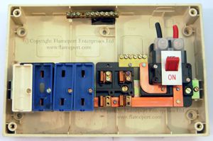 Interior of a white 6 way Wylex fuse box