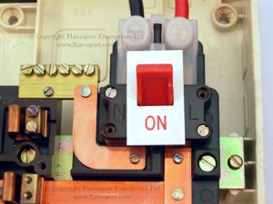 Main switch details for a white plastic Wylex fusebox