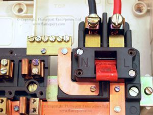 Main switch details for a white plastic Wylex fusebox