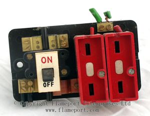 Inside view of a 2 way brown plastic Wylex fuse box